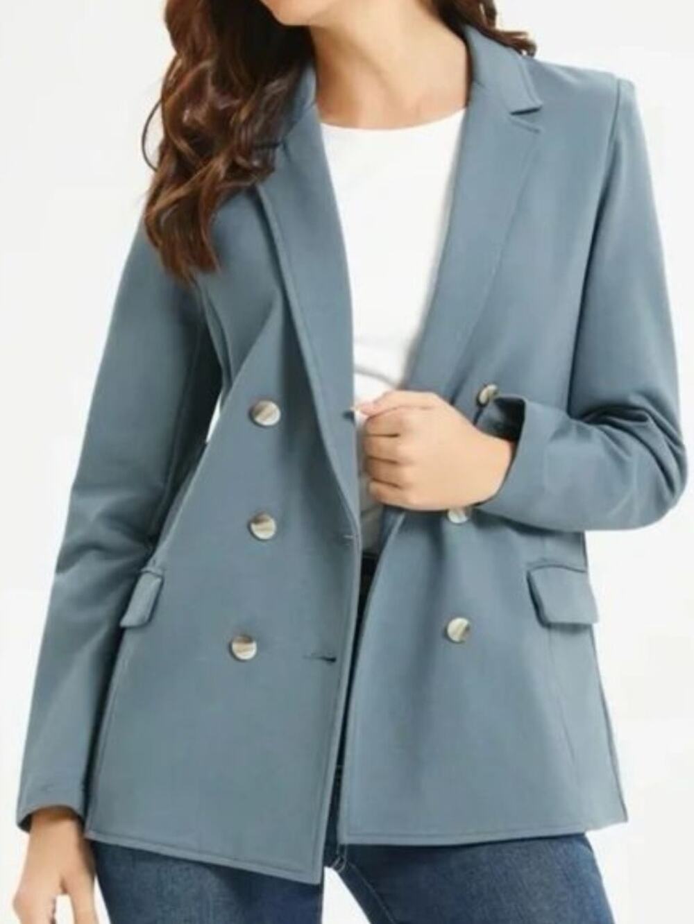 Betabrand Women's Stretch Knit Double Breasted Blazer Dusty Blue Size Medium